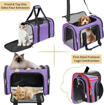Soft-Sided Cat/Dog/Pet Carrier, Collapsible Pets Travel Carriers for Big Cats/Small Dogs with Shoulder Strap & Removable Mat, Mesh Puppy Carry Bag, Up to 16 Lbs, TSA Airline Approved(Purple)