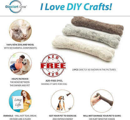 Glaciart One Felted Wool Dog Chew Bone (3 Pcs)| Durable Dog Chew Toy, Puppy Chew Toys for Teething & Dog Teeth Cleaning | Pet Toys Fetch Games & for Anxiety/Boredom | Great for Small or Medium