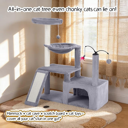 YUNIQUE Multi-Functional Cat Tree Tower, Big Cat Condo with Scratching Board, Rotating Toy & Deep Hammock, Luxury Perch Kitty Furniture for Indoor Cats (Grey)