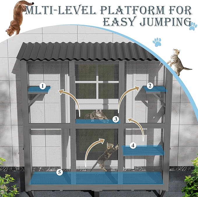 Large Catio Cat Window Box, Outdoor Cats Window Perch Enclosure for Indoor Cats with 4 Jump Platforms & 4 Doors, Kitten Cat Patio House Connected with Tunnels, All Weather Use (Gray)