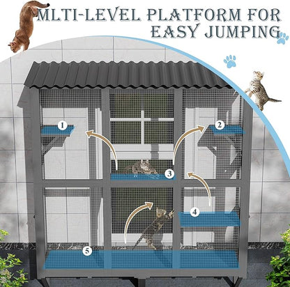 Large Catio Cat Window Box, Outdoor Cats Window Perch Enclosure for Indoor Cats with 4 Jump Platforms & 4 Doors, Kitten Cat Patio House Connected with Tunnels, All Weather Use (Gray)