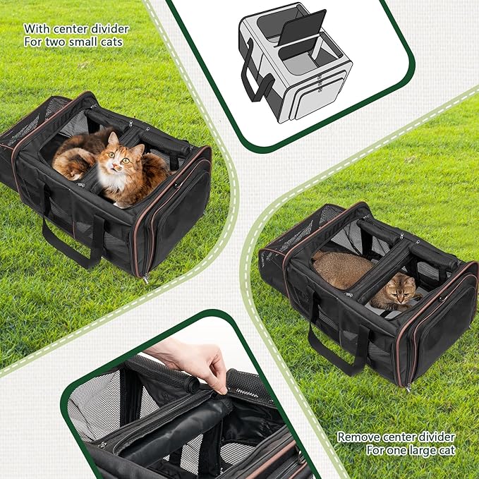Expandable Cat Carrier for 2 Cats, Double Compartment Large Pet Carrier for Long Distance Car Travel, Includes 2 Portable Litter Boxes, Foldable Multi-Cat Travel for Road Trips & Camping, Black