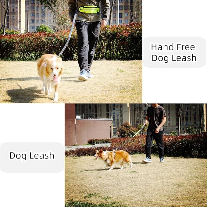 FJ Four Joys Hands Free Dog Leash with Zipper Pouch, Waist Leash for Dog Walking with Shock Absorbing Bungee for Walking, Jogging and Running (Yellow-Green)