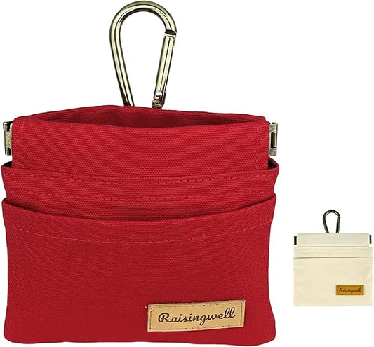 Raisingwell Dog Treat Pouch, Red Pocket Sized Pet Training Pouch, Cotton Fabric, Hand Free Dog Walking Bag with Carabiner, Self-Closing Pet Feed Snack Reward, for Puppy Travel or Outdoor Use