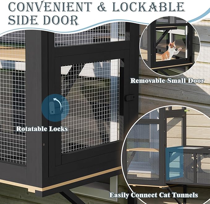 Large Catio Cat Window Box, Outdoor Cats Window Perch Enclosure for Indoor Cats with 4 Jump Platforms & 4 Doors, Kitten Cat Patio House Connected with Tunnels, All Weather Use (Black)