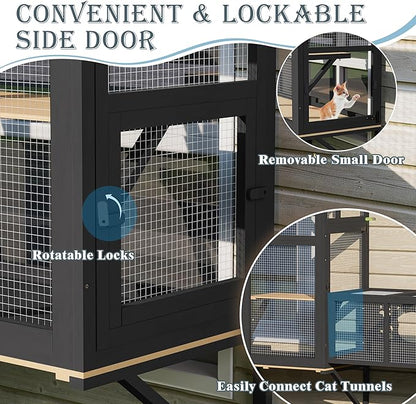 Large Catio Cat Window Box, Outdoor Cats Window Perch Enclosure for Indoor Cats with 4 Jump Platforms & 4 Doors, Kitten Cat Patio House Connected with Tunnels, All Weather Use (Black)