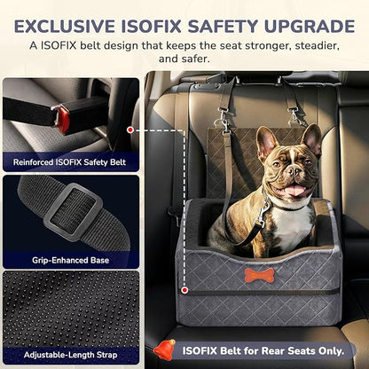 Dog Car Seat for Small Medium Dogs, 6" Elevated Booster Seat with ISOFIX Safety Fixation, Washable Cover & High Density Memory Foam, Portable for Car Front/Rear/Trunk Home Outdoor Use (Charcoal Gray)