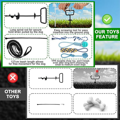 Tether Tug Outdoor Dog Toy with Stake and Adjustable Safety Rope Interactive Exercise Game in Yard, Tether Tug with 4 Chew Toy for Large, Medium & Small Dogs on Lawns or Trees