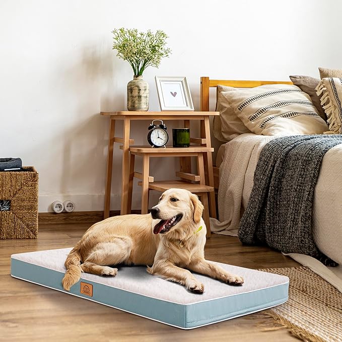 Orthopedic Dog Bed for Large Dogs - Big Waterproof Dog Crate Bed with Removable Washable Cover, Egg Crate Foam Support, Anti-Slip Bottom, Deluxe Plush Pet Bed Mat (Blue)