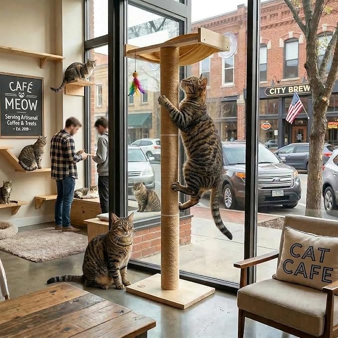 Cat Window Perch with Tall Scratching Posts, Inside 46" Climbing Tree Hammmock Mounted with Suction Cups for Sleeping,Playing and Watching Birds