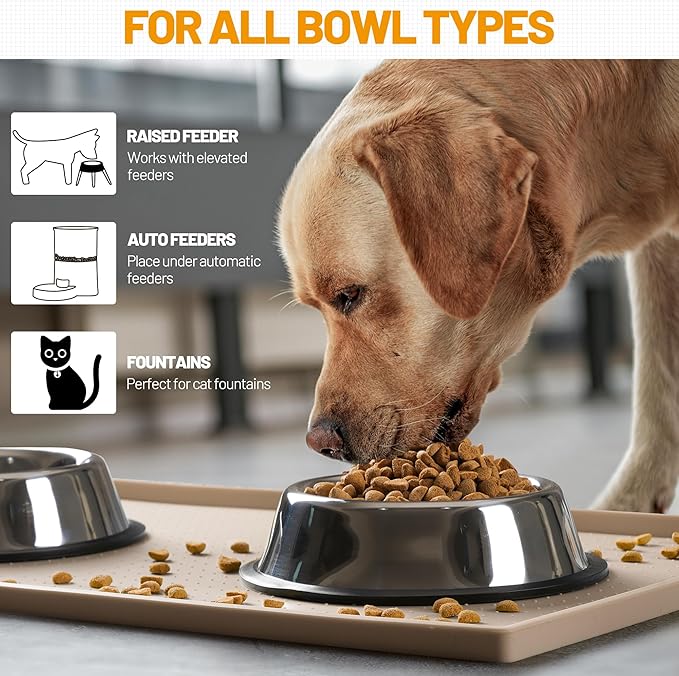 Hubulk Dog Feeding Mat,100% Waterproof Food Grade Silicone Pet Food and Water Bowl Placemat,Dishwasher, High Raised Edge to Prevent Spills,Nonslip Tray to Stop Messes on Floor（28"x18"x0.8", Taupe）