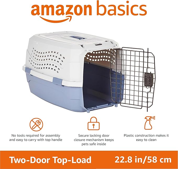Amazon Basics Sturdy Portable 2-Door Top-Load Hard-Sided Pet Travel Carrier with Secure Ventilation, Handle, Front & Top Entry for Dogs, Cats, 22.8"L x 15"W x 13"H, Gray & Blue