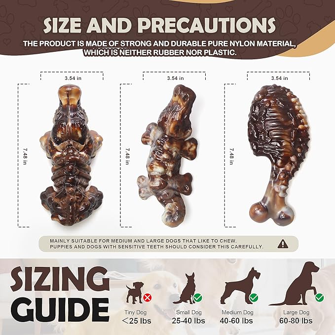 Dog Chew Toys for Aggressive Chewers,3 PCS Tough Dog Toys for Medium and Large Breed, Real Bacon Flavored Best Dog Toys to Keep Them Busy, Reduce Boredom, Dog Bones for Teeth Cleaning (Brown)