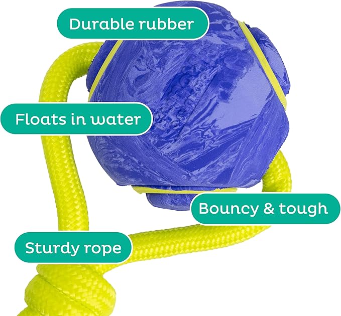 Outward Hound FlyFetch Ball Tug Dog Toy, Durable Rubber & Rope for Fetch and Tug-of-War, Lightweight, Floats, 9" x 3"