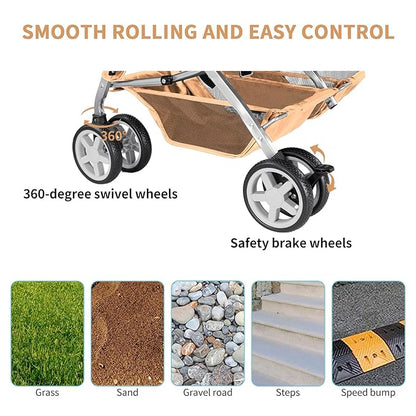Double Pet Stroller, Foldable Stroller for 2 Dogs & Cats, Two-Seater Carrier Twin Dog Walk Jogger Travel Pet Carriage Cart with Storage, Beige