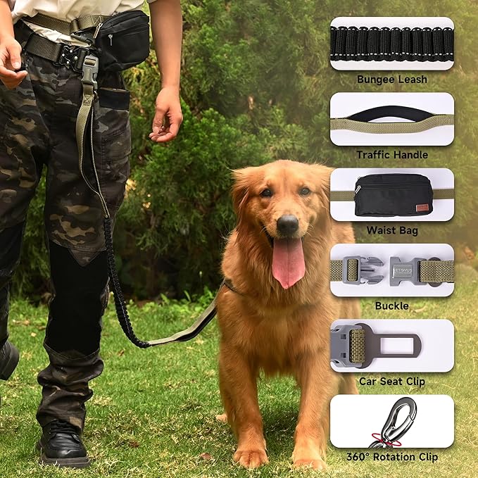 Hands Free Dog Leash with Zipper Pouch, Double Handle Running Reflective Bungee Waist Leash for Dog Walking, Training and Hiking for Small Medium Large Dogs (Yellow)