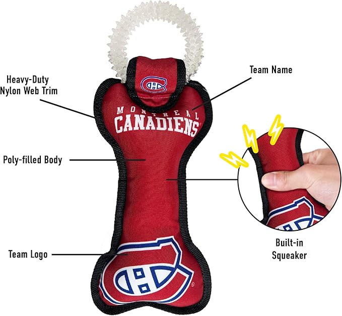 Pets First NHL Montreal Canadiens Dog Bone Squeak Toy with Cleaning Teething Ring