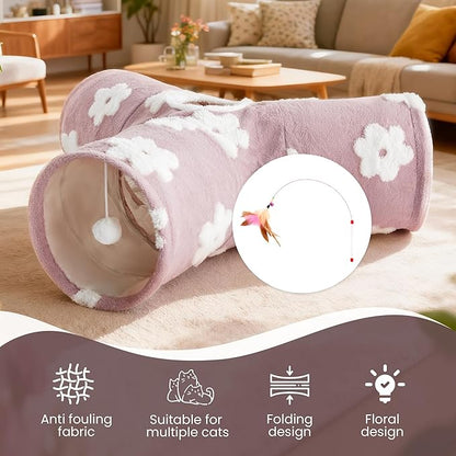 Tempcore Flannel Pet Cat Tunnel Tube Cat Toys 3 Way Collapsible, Cat Tunnels for Indoor Cats, Kitty Tunnel Bored Pet Toys Peek Hole Toy Ball Puppy, Kitty, Kitten, Rabbit Daisy Burlwood