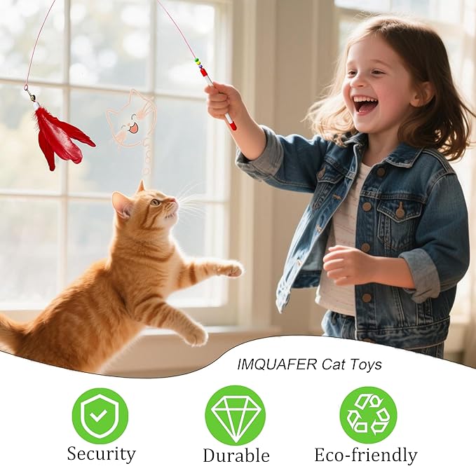 12Pcs Cat Wand Toy - 2 Cat Toy Stick Wand 10 Replacement Teasers with Bells, Interactive Feather Toy for Indoor Cats, Worm Cat Toy Teaser for Bored Adult Cats Kittens Play Chase Exercise
