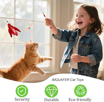 12Pcs Cat Wand Toy - 2 Cat Toy Stick Wand 10 Replacement Teasers with Bells, Interactive Feather Toy for Indoor Cats, Worm Cat Toy Teaser for Bored Adult Cats Kittens Play Chase Exercise