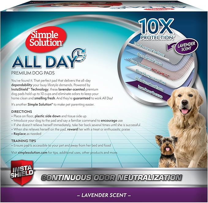Simple Solution All Day Dog Pads, Disposable Puppy Training Pads with Lavender Scent, Leak Proof Pet Pee Pads for Indoor Potty Training, Odor Control, Quick Dry Floor Protection, 23"x24", 50 Count