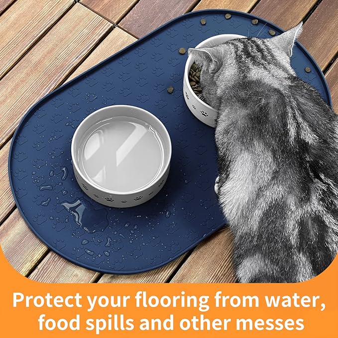 KPWACD Pet Feeding Mat for Dogs and Cats, Silicone Dog Placemat Non-Slip Waterproof Bowl Mats Prevent Food and Water Overflow, High-Lips Puppy Dish Tray Mat Suitable for Large Medium Small Pets, Navy