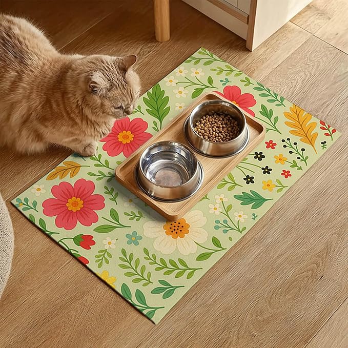 Absorbent Pet Feeding Mat Floral Design for Dogs and Cats Food Water Bowl Mat Easy to Clean Pet Food Mat for Kitchen Area Home Decor 24 x 16 Inches Anti Slip Dog Bowl Mat Pet Placemat