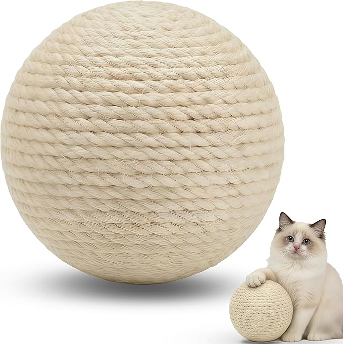 4-Inch Sisal Cat Toy Balls with Crinkle Sound | Indoor Cat Toys for Teething, Claw Sharpening & Play | Large Size Prevents Rolling Under Furniture (White)