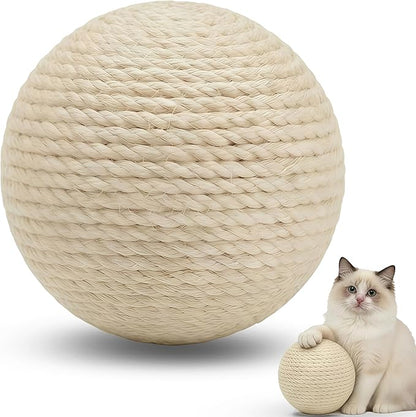 4-Inch Sisal Cat Toy Balls with Crinkle Sound | Indoor Cat Toys for Teething, Claw Sharpening & Play | Large Size Prevents Rolling Under Furniture (White)