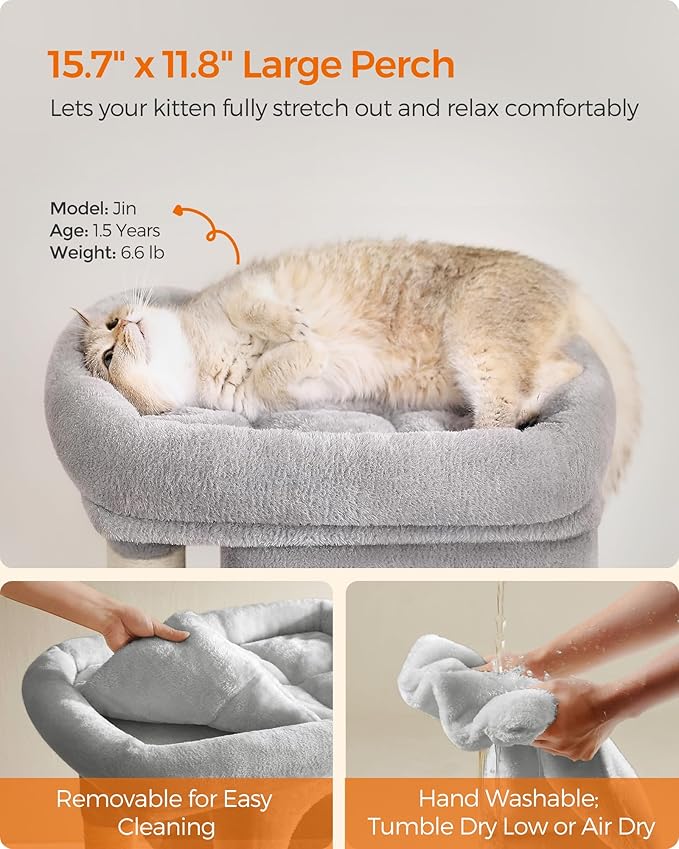 Feandrea Cat Tree, 26.4-Inch Cat Tower, Plush Condo for Kittens up to 7 lb, Large Perch, 2 Caves, Scratching Post, Light Gray UPCT611W01