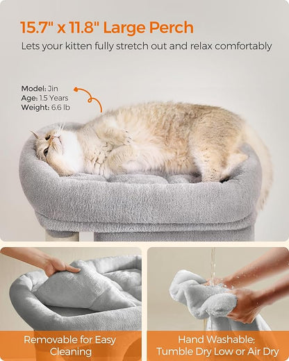 Feandrea Cat Tree, 26.4-Inch Cat Tower, Plush Condo for Kittens up to 7 lb, Large Perch, 2 Caves, Scratching Post, Light Gray UPCT611W01