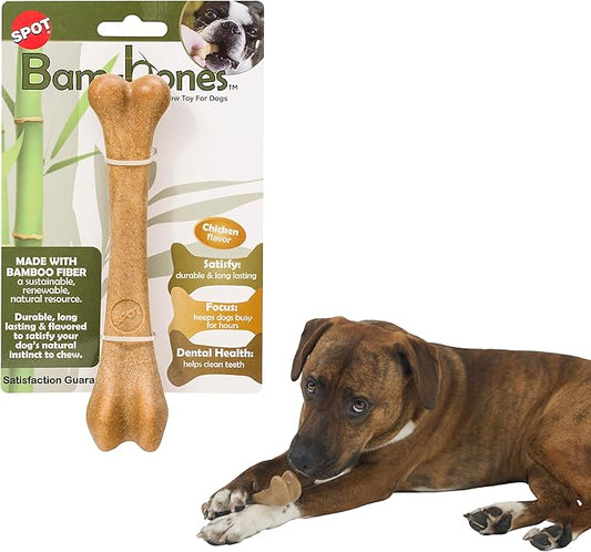 SPOT Bam-Bones Bone - Made with Strong Bamboo Fiber, Durable Long Lasting Dog Chew for Light to Moderate Chewers, Great Toy for Adult Dogs & Teething Puppies under 40lbs, 7.25in, Chicken Flavor