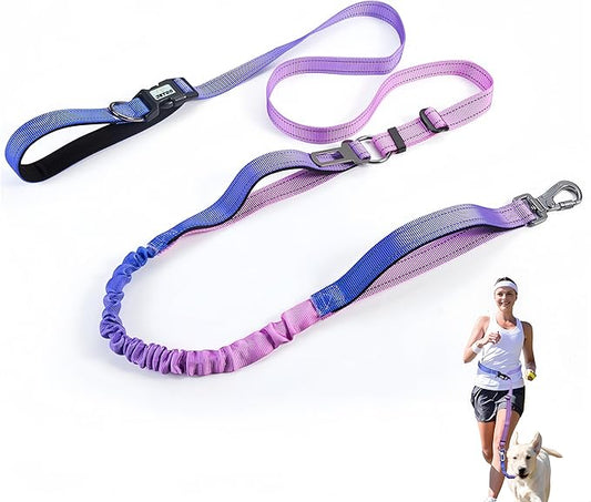 Heavy Duty Hands Free Dog Leash, 5-7 FT Reflective Adjustable Waist Dog Leash Belt with Padded Handles, Shock Absorbing Bungee and Car Seat Belt for Large Medium Dogs (Purple Blue, XL)