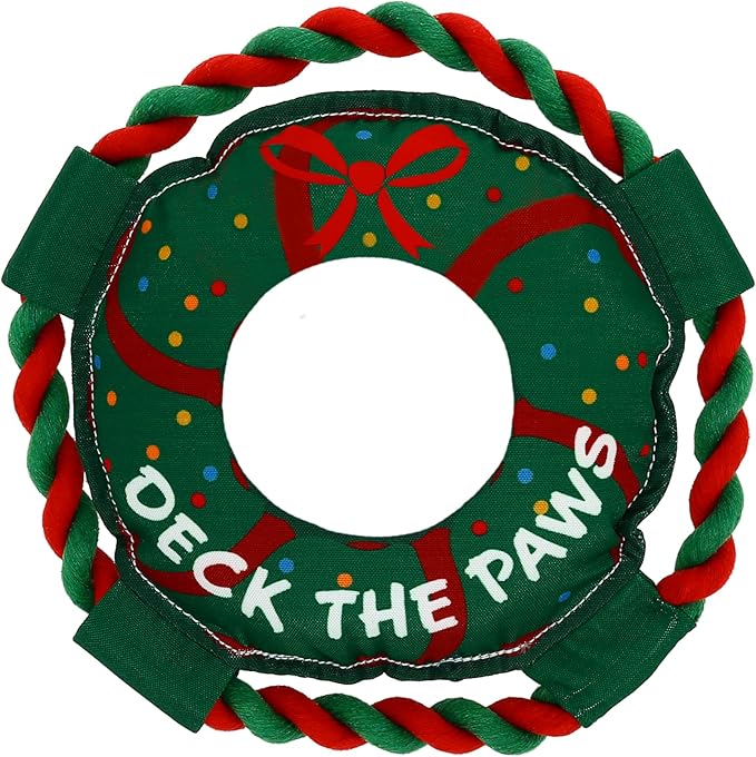 Pavilion - Deck The Paws - 10" Wreath Puppy Dog Toy with Rope Handle K-9 Furry Companion Christmas Present