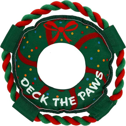 Pavilion - Deck The Paws - 10" Wreath Puppy Dog Toy with Rope Handle K-9 Furry Companion Christmas Present