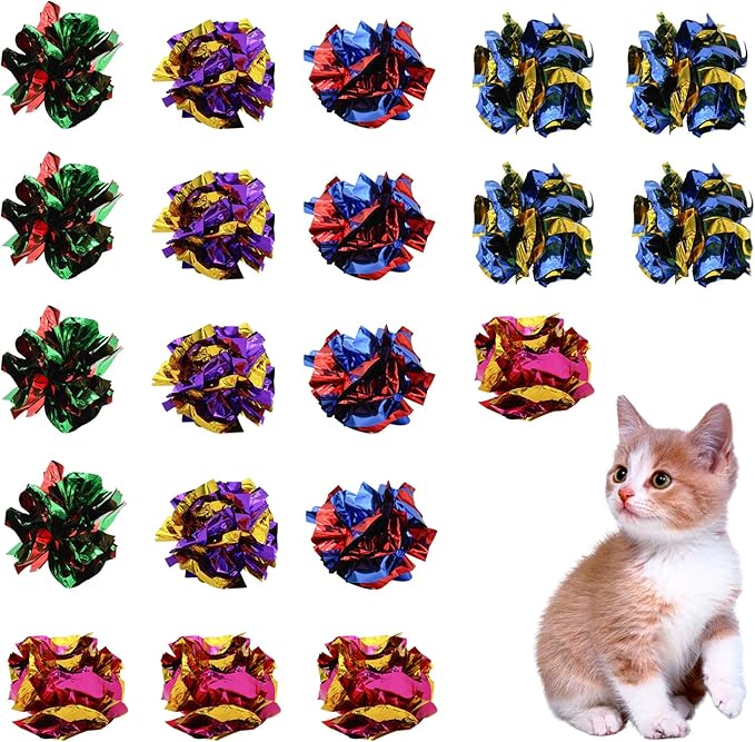 Andiker 20PCS Cat Crinkle Balls, 2.16 Inches Cat Balls with Polyester Film Thick Crinkle Paper Sturdy Interactive Cat Toys for Indoor Cats Reducing Boredom and Keep Fit for Cats and Kitten (Colorful)