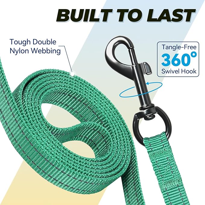 VIVAGLORY Dog Leash Twingrip Double Handle Dog Leash with Traffic Handle Control & 2 Loop for Walking & Training, Reflective Heavy Duty for Puppy Pet Collar, 6ft x 1/2in, Turquoise