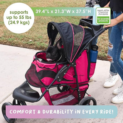 Petique Durable Pet Stroller, Easy Fold, Quality mesh Windows, Large Storage Basket, Secure Cup Holder Tray, for Small to Medium Dog, Cat, Bunny, Supports Pets up to 55LBS - RAZZBERRY