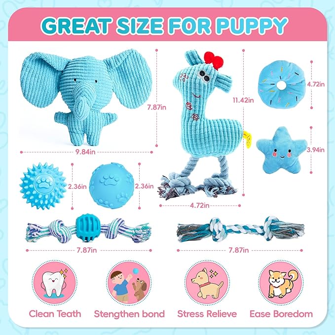 8 Pack Luxury Puppy Toys for Teething Small Dogs, Puppy Chew Toys with Squeaky Dog Toys, Balls and Rope Dog Chew Toys, Dog Toys to Keep Them Busy (Blue, 8-Pack)