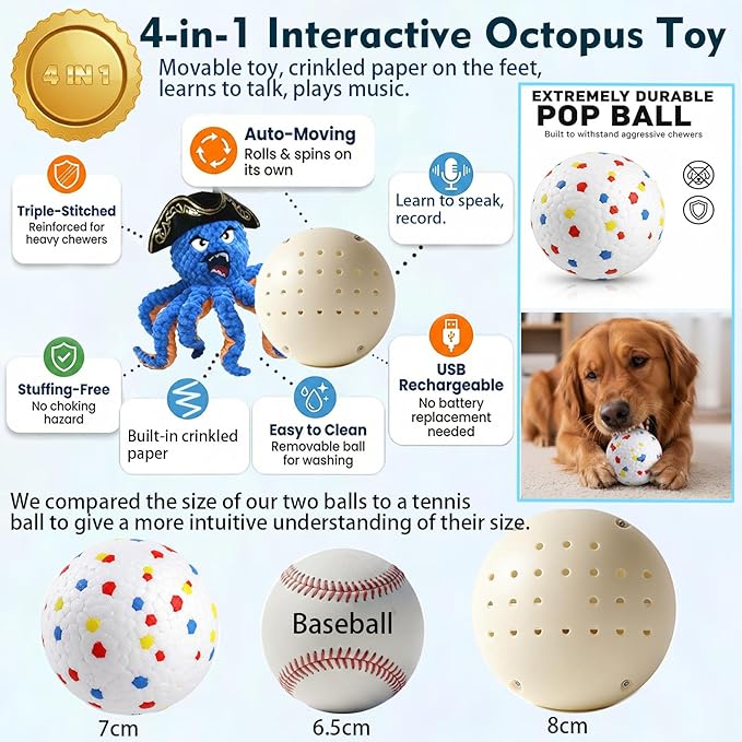 Self Moving Interactive Octopus Dog Toy Set with 2 Balls - Automatic Bouncing Wobble Ball & Durable Chew Ball, 4-in-1 Squeaky Plush Enrichment Toy to Keep Them Busy for Medium Large Dogs