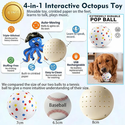 Self Moving Interactive Octopus Dog Toy Set with 2 Balls - Automatic Bouncing Wobble Ball & Durable Chew Ball, 4-in-1 Squeaky Plush Enrichment Toy to Keep Them Busy for Medium Large Dogs