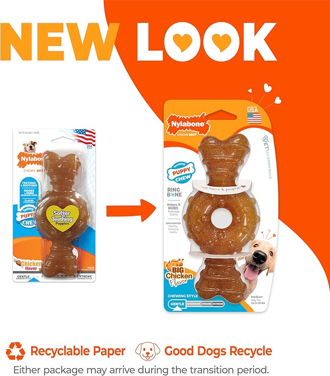 Nylabone Ring Bone Puppy Chew Toy for Puppies, Soothing Teething Toys for Puppies, Puppy Enrichment Toys, Long Lasting Chicken Flavor, For Medium Dogs - Up to 35 lbs, 1 Count