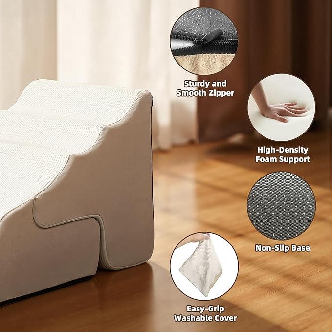 Mestuel Dog Stairs for Small Dogs Cats, Small Pet Stairs Steps, Foam 4-Tier Pet Stairs Steps for Couch Sofa, Dog Ramp Ladder Indoor with Nonslip Bottom &Washable Cover, Beige