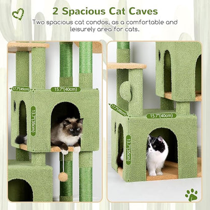Globlazer Cactus Cat Tower for Indoor Cats, Heavy Duty Cat Trees for Large Cats Adult Big Cats Maine Coon Cat Tree Tower with Scratching Post, Extra Large Top Perch, Cat Condos, F61, Green, 61inch