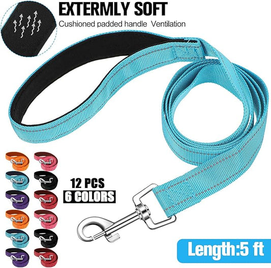 Vicenpal 12 Pcs Double Sided Reflective Dog Leash with Soft Padded Handle, Bulk Nylon Animal Leashes for Medium and Large Dogs Heavy Duty Animal Leash for Walking, Training, 6 Colors(5 ft,Cute Colors)