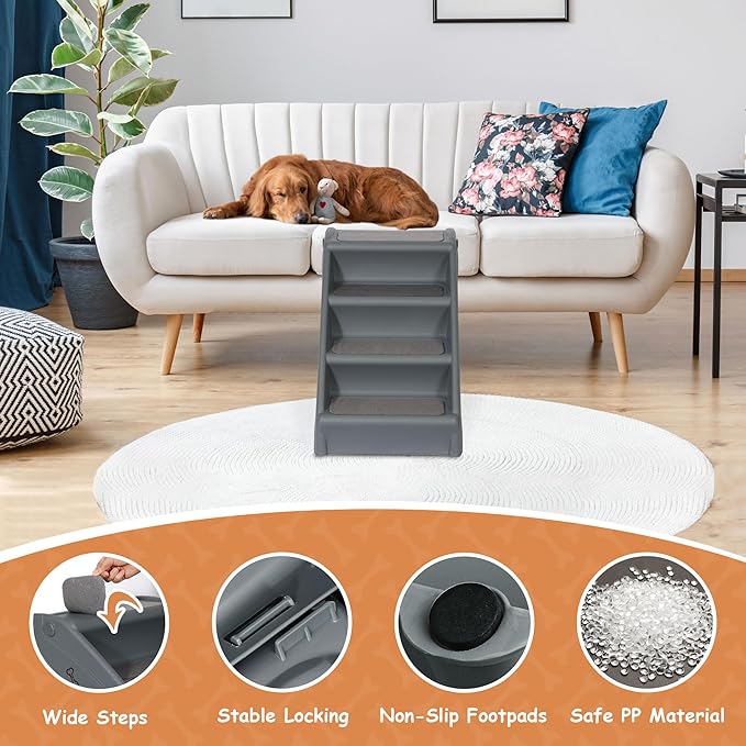 20" H 4-Step Dog Stairs for Small Dogs and Cats, Non-Slip Dog Steps for High Beds, Couch, Sofa, Sturdy Pet Steps (Grey)
