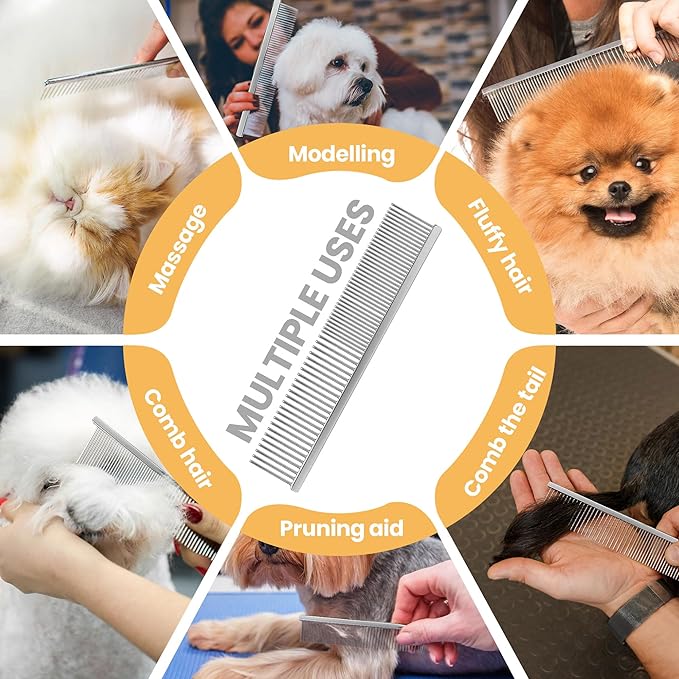 Pet Grooming Comb with Rounded Ends Stainless Steel Teeth for Dogs & Cats,Wide & Dense Teeth for Removing Tangles, Knots,Undercoat,Flea,Face,Chin,Tear Stain,Excess Hair,Metal Dematting Tool Pet Gift