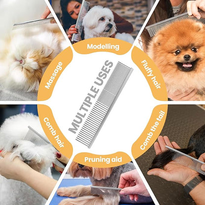 Pet Grooming Comb with Rounded Ends Stainless Steel Teeth for Dogs & Cats,Wide & Dense Teeth for Removing Tangles, Knots,Undercoat,Flea,Face,Chin,Tear Stain,Excess Hair,Metal Dematting Tool Pet Gift