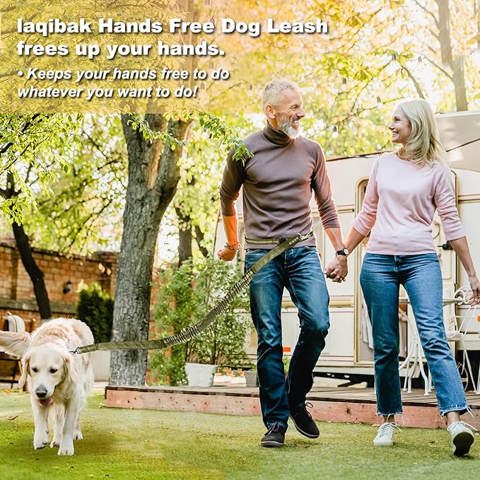 Hands Free Dog Leash, Adjustable Waist Leash for Dog, Handle Bungee 4.2-6.7 Feet Long with Reflective Stitches for Walking Hiking Running, Fits 26"- 47" Waist, Army Green