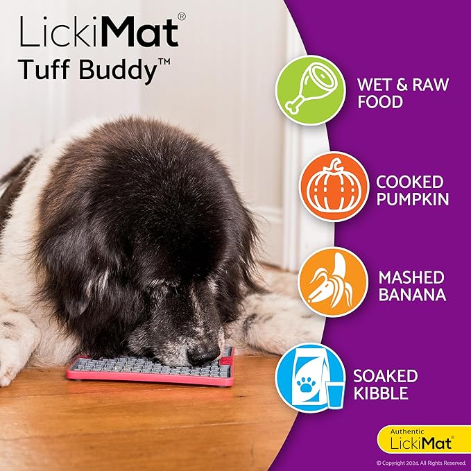 Lickimat Tuff, Heavy-Duty Buddy, Dog Slow Feeder Lick Mat, Boredom Anxiety Reducer; Perfect for Food, Treats, Yogurt, or Peanut Butter, Fun Alternative to a Slow Feed Dog Bowl, Red